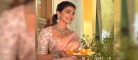 Pooja Hegde Sparkles In A Blush Toned Raw Silk Saree